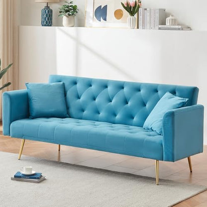 71" Modern Velvet Sofa Bed Futon, Convertible Sleeper Couch, Adj. Backrest | Tufted Recliner Loveseat Design with Golden Chrome Legs & 2 Pillows, Perfect for Small Spaces, Living Room, Apartment - color: Light Blue
