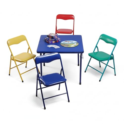 FurnitureR 5-Piece Folding Table and Chair Set, Compact Square Activity Table with 4 Folding Chairs, Sturdy Metal Frame, Flat-Fold Design for Game Room, Crafts, Family Activities