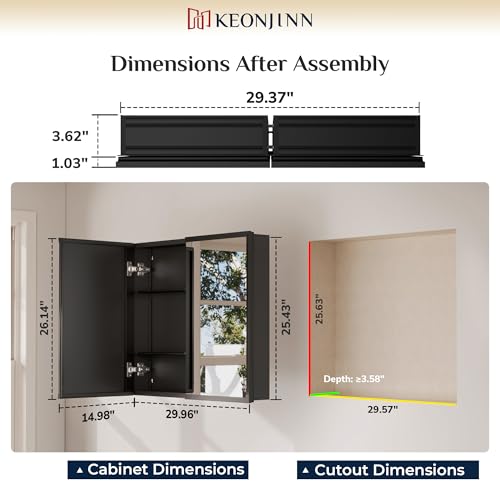 Keonjinn Black Bathroom Medicine Cabinet with Mirror 30x26, Assembly Needed | 2 Door, Adjustable Shelves, Lightweight Aluminum, Rust-Resistant, Surface Mount or Recessed Bathroom Mirror with Storage - color: Black, size: 30x26 In