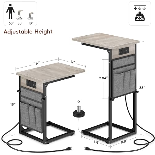 C Shaped End Table with Charging Station, Adjustable Height Side Table for Couch Recliner, Small Sofa Table with Storage Bag, Slide Under Sofa TV Tray Arm Table for Living Room, Bedroom, Gray - color: Greige, style: With Plug