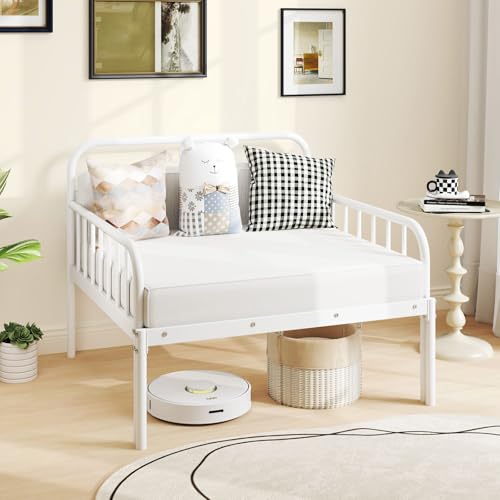 GIANTEX Metal Twin Bed Frame, Convertible Sofa Bed with Headboard & Armrests, Pull-Out Sleeper Chair Bed for Small Spaces Dorm Guest Apartment, Suitable for Folding Sofa Mattress, White - color: White