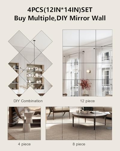 Full Length Wall Mirror Tiles, 12'' x 14'' x 4PCS, Acrylic Unbreakable Full Body Mirror for Bedroom Squares Shatterproof Mirror Sheets Wall Mounted for Home Gym Door - size: 12x14Inchx4Pack