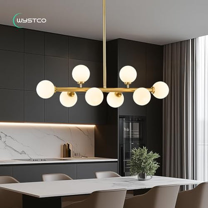 Mid Century Modern Globe Sputnik Chandelier, 8-Light Linear Chandeliers for Dining Room and Kitchen Island, Dining Light Fixture Over Table, Brass Gold and Milk White Glass Bubble, 32 Inch - color: Gold Milk White, size: 8-Light 32 Inch