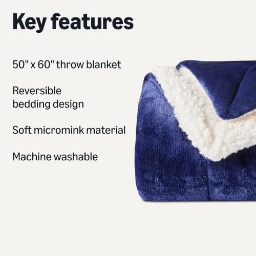 Amazon Basics Reversible Sherpa Throw Blanket, Warm for Bed and Couch, 50"x60", Navy - color: Navy, size: Throw (50"x60")