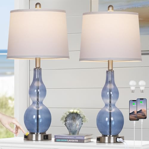 Rinweey 27.5" Coastal Blue Glass Double Gourd Table Lamp Set of 2,3-Way Dimmable Touch Control Bedside Lamps with USB Ports and AC Outlet, Nautical Nightstand Lamps for Bedroom Living Room - color: Blue