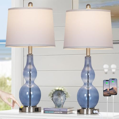Rinweey 27.5" Coastal Blue Glass Double Gourd Table Lamp Set of 2,3-Way Dimmable Touch Control Bedside Lamps with USB Ports and AC Outlet, Nautical Nightstand Lamps for Bedroom Living Room - color: Blue