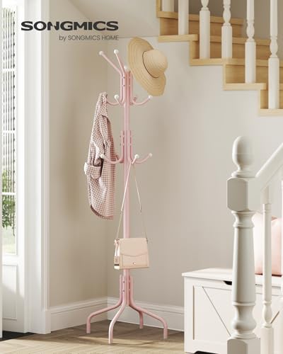 SONGMICS Coat Rack Freestanding, Steel Stand with 12 Hooks and 4 Legs | Coat Tree, Holds Clothes, Hats, and Bags, for Entryway, Living Room, Bedroom, Jelly Pink, ALAN Collection URCR031R01 - color: Jelly Pink, style: 12 hooks