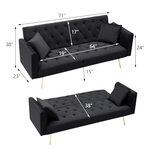 71" Modern Velvet Sofa Bed Futon, Convertible Sleeper Couch, Adj. Backrest | Tufted Recliner Loveseat Design with Golden Chrome Legs & 2 Pillows, Perfect for Small Spaces, Living Room, Apartment - color: Black