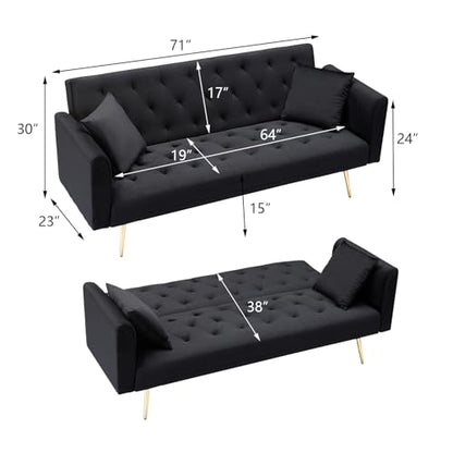 71" Modern Velvet Sofa Bed Futon, Convertible Sleeper Couch, Adj. Backrest | Tufted Recliner Loveseat Design with Golden Chrome Legs & 2 Pillows, Perfect for Small Spaces, Living Room, Apartment - color: Black
