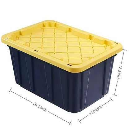 4 Pack 17 Gallon Stackable Lockable Storage Bins with Lids, Black & Yellow | Thickened durable plastic, nestable empty design, built-in ergonomic handles, multi-scene indoor outdoor storage use