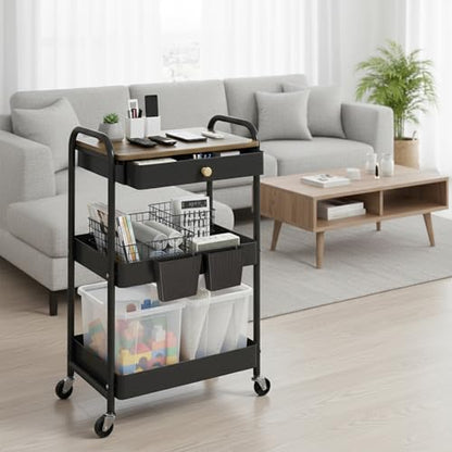 Rolling Cart with Drawers, Black Storage Cartwith Locked Wheels, Hooks & Hanging Cups for Any Room - color: Black