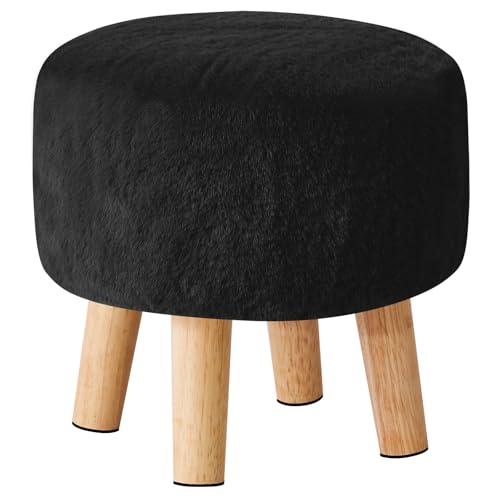 YMYNY Round Pouf Ottoman, 12.6" Small Foot Stool, Black HBD035B | Faux Fur, Wood Legs, Foot Rest for Couch, Modern Boho for Living Room Bedroom Office - color: Black