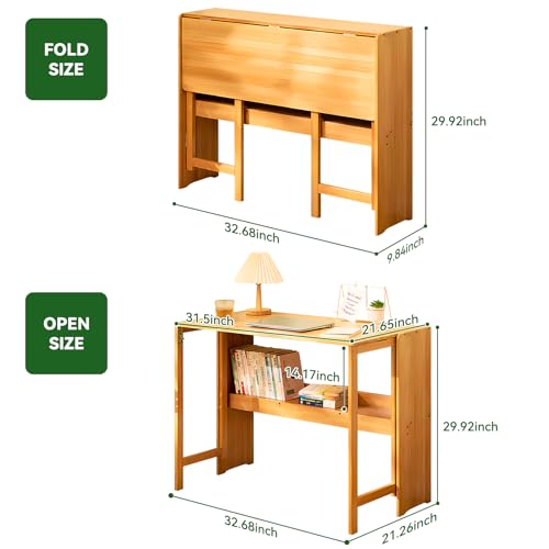 Bamboo Folding Desk Mid Century Modern Desk for Home Office Bedroom Small Spaces，Natural - color: Natural, size: 21.65"D x 32.68"W x 29.92"H