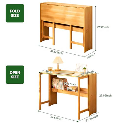 Bamboo Folding Desk Mid Century Modern Desk for Home Office Bedroom Small Spaces，Natural - color: Natural, size: 21.65"D x 32.68"W x 29.92"H