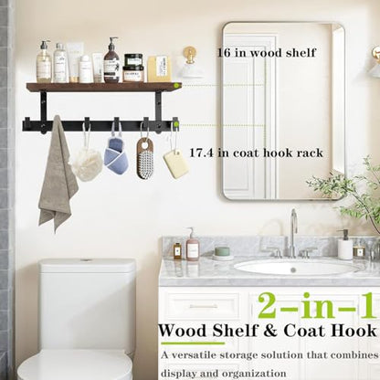 Coat Rack Wall Mounted with Shelf, Heavy Duty Wall Hooks with Wood Shelves Coat Hooks for Hanging Clothes Hats Towel Purse, Entryway Shelves with 6 Hooks for Bathroom (Dark Brown)
