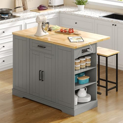 47" Kitchen Island with Seating, Stationary Island Table with Storage Include 2 Chairs, Kitchen Islands with Drop Leaf, Dining Table with Trash Cabinet & Power Outlet & Spice Rack, Grey - color: Grey