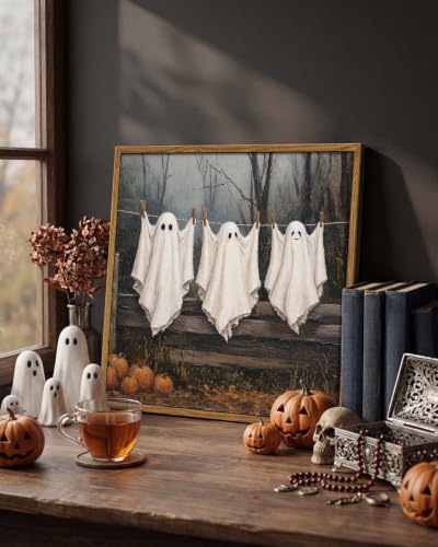 Halloween Ghost Canvas Wall Art Framed 12x12, Vintage Cute Ghost Painting | Three Hanging Ghosts and Pumpkins, Spooky Cute Canvas Print, Neutral Halloween Wall Decor for Living Room Entryway Bedroom - color: Ghosts, size: 12"L x 12"W
