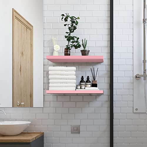 SAUMONIERES 24 Inch Floating Wall Shelves for Bedroom Bathroom Wall Mounted Solid Wood Shelf Storage Decor Set of 2, Pink Floating Shelves - color: Pink, size: 24 Inch-2 shelves
