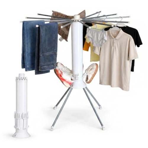 Clothes Drying Rack Foldable with Rolling Wheels, 4-Legged Portable Laundry Drying Rack with 360° Aluminum Arms, Freestanding Garment Drying Stand for Indoor Outdoor (Single-tier with shoe rack) - size: 1-Tier