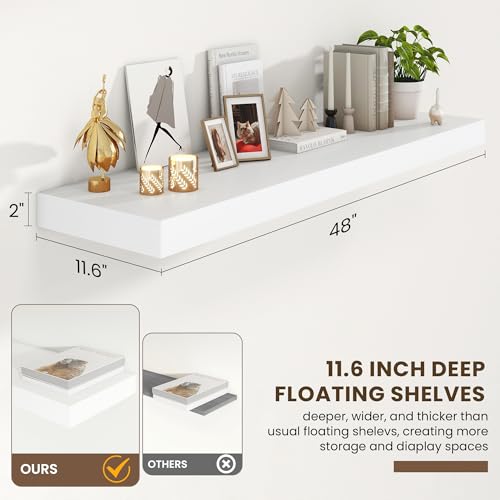 48 Inch Floating Shelves, 12'' Deep White Shelves for Wall Set of 2 | Invisible Brackets, Engineered Wood, Mounting Hardware Included, 50LBS, Bathroom, Laundry Room, Kitchen, Living Room - color: White, size: 48W x 11.6D x 2H, 2 Pack
