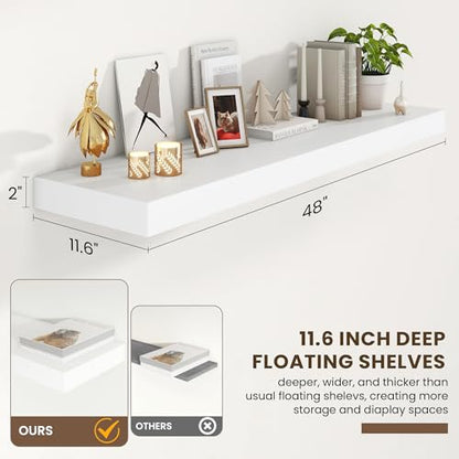 48 Inch Floating Shelves, 12'' Deep White Shelves for Wall Set of 2 | Invisible Brackets, Engineered Wood, Mounting Hardware Included, 50LBS, Bathroom, Laundry Room, Kitchen, Living Room - color: White, size: 48W x 11.6D x 2H, 2 Pack