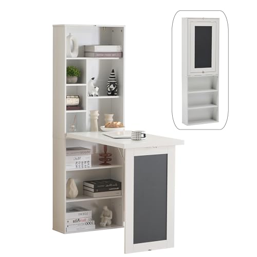 Folding Desk with Storage,Fold Out Convertible Wall Mounted Table,White | Space-Saving,Foldable Desk with Blackboard and Shelves, Multi-Function Desk Cabinet , Murphy Desk Home Office Workstation - color: White