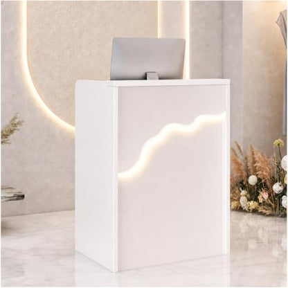 Reception Desk with Counter LED Light, Modern Front Desk with Lockable Drawer, White Retail Checkout Counter for Clothing Store Lobby Beauty Salon (White, 37.8x31.5x15.7in) - size: 37.8x31.5x17.7in