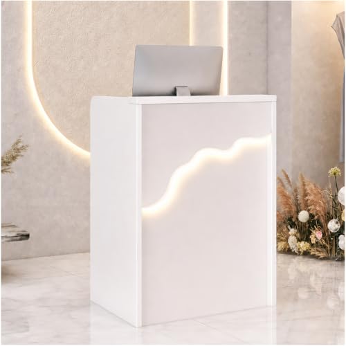 Reception Desk with Counter LED Light, Modern Front Desk with Lockable Drawer, White Retail Checkout Counter for Clothing Store Lobby Beauty Salon (White, 37.8x31.5x15.7in) - size: 37.8x31.5x17.7in