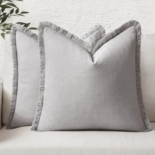 MIULEE Boho Linen Fringe Decorative Throw Pillow Covers Light Grey 18x18 | Set of 2, Cottagecore Decor, Boho Farmhouse Neutral Pillow Covers, Rustic Couch Cushion Cases for Sofa Bed Living Room - color: Light Grey, size: 18" x 18" (Pack of 2)