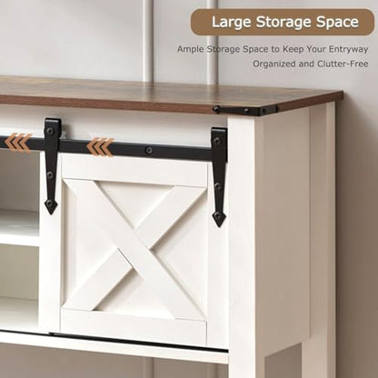 Farmhouse Entryway Table with Sliding Barn Doors, Wood Console Table with Storage Shelf, Rustic Sofa Table for Living Room, Entryway, Foyer, White - color: White