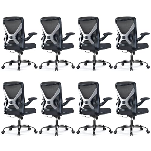 Office Chair: Mesh Ergonomic Desk Chair with 3D Lumbar & Swivel | 330LBS Computer Chair-Executive Task Chairs with Flip-up Arms Home Office Chairs Gaming Chair for Long Hours(Black-Pack of 8) - color: Black, size: Pack of 8