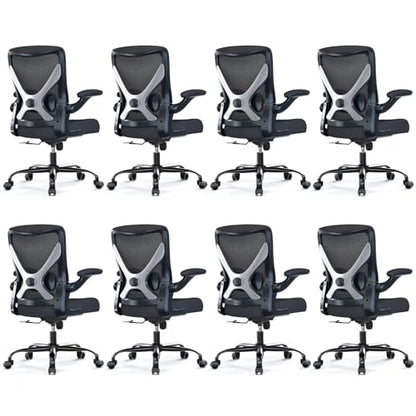 Office Chair: Mesh Ergonomic Desk Chair with 3D Lumbar & Swivel | 330LBS Computer Chair-Executive Task Chairs with Flip-up Arms Home Office Chairs Gaming Chair for Long Hours(Black-Pack of 8) - color: Black, size: Pack of 8