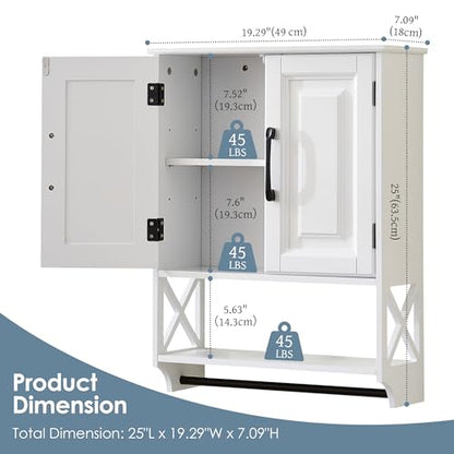 Bathroom Wall Cabinet, 25"x19" Farmhouse Wall Mounted Medicine Cabinet with 2 Raised Panel Doors, Adjustable Shelf & Towel Bar–Over Toilet Storage Organizer for Laundry Room, Entryway or Small Spaces - size: 7.09"D x 25"W x 19.29"H