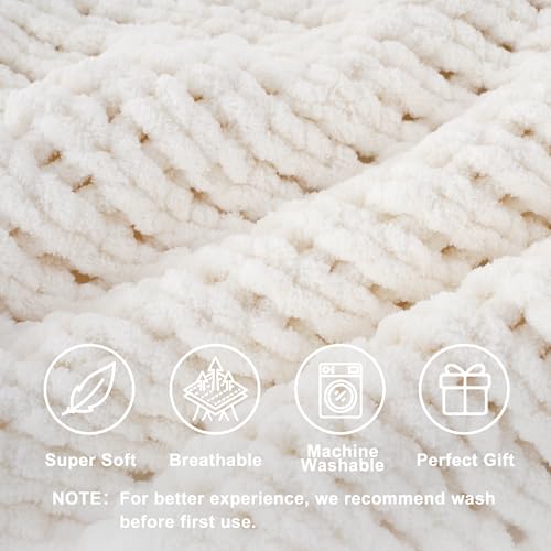 Chunky Knit Throw Blanket for Couch, White Knit Throw Blanket, 50"x60" | Handmade Cable Knit Crochet Blanket, Soft Thick Knot Knitted Throw Blankets for Bed Sofa ,Cream Neutral Blanket Throw - color: Cream