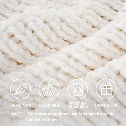 Chunky Knit Throw Blanket for Couch, White Knit Throw Blanket, 50"x60" | Handmade Cable Knit Crochet Blanket, Soft Thick Knot Knitted Throw Blankets for Bed Sofa ,Cream Neutral Blanket Throw - color: Cream