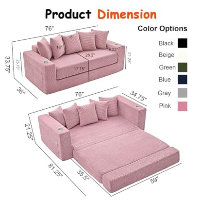 76" Convertible Sofa Bed, Corduroy Boneless Couch with Cup Holders & Pocket | 2-in-1 Sleeper Sofa, Pull-out Couch Bed with 5 Pillows, Living Room, Small Spaces, Bedroom, No Assembly - color: 76" Pink
