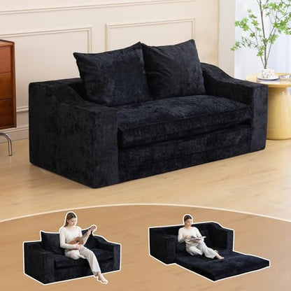 61" Boneless Loveseat Sleeper, Folding Sofa Bed, Diamond Velvet Cover,Black | Memory Foam Pull Out Futon Bed with Removable Washable Cover, Space-Saving Fold Out Couch for Living Room & Guest Room - color: Black