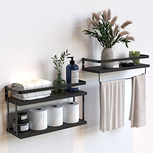RICHER HOUSE Floating Shelves Bathroom, Wall Mounted Shelf Over Toilet | 2+1 Tier, with Metal Rail, Towel Rack, Paper Storage Shelf, Wall Shelves Decor for Bathroom, Kitchen, Rustic, Wood, Black - color: Black, size: 2+1 Tier Size