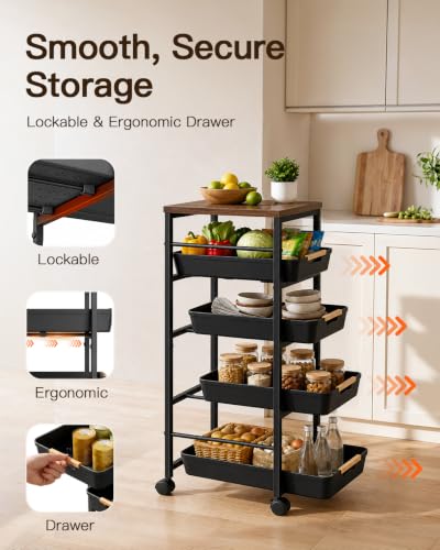 Pipishell Rolling Storage Cart with Drawers & Lockable Wheels, 5 Tier Kitchen Cart with Safety Stops & Vented Design, Wood Top, Pull-Out Utility Cart for Kitchen, Home Office, Bedside, Black - color: Black, size: 12.6”W x 13.8”D x 33.5”H