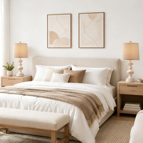 Farmhouse Table Lamp Set of 2, Rustic Table Lamps for Living Room Bedroom, 22" Mid Century Modern Desk Lamp Bedside Nightstand Lamps with Linen Tapered Drum Shades, Washed White - color: Washed White