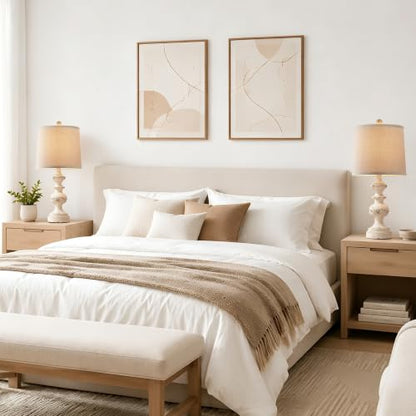 Farmhouse Table Lamp Set of 2, Rustic Table Lamps for Living Room Bedroom, 22" Mid Century Modern Desk Lamp Bedside Nightstand Lamps with Linen Tapered Drum Shades, Washed White - color: Washed White