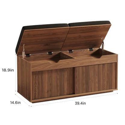Maupvit 39.4" Fluted Shoe Storage Bench with Lift Top Storage, Entryway Bench with Cushioned Seat, 2-Tier Shoe Cabinet with Sliding Door and Adjustable Shelf for Bedroom, Living Room, Walnut