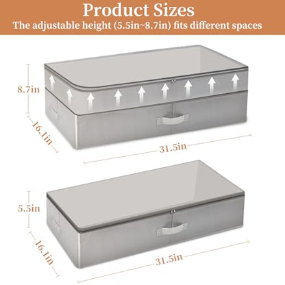 Pack of 2 Under Bed Storage with Adjustable Height | Under the Bed Storage Containers for Clothes, Blankets, & Shoes - 80L Zippered Organizer for Bedroom with Clear Window