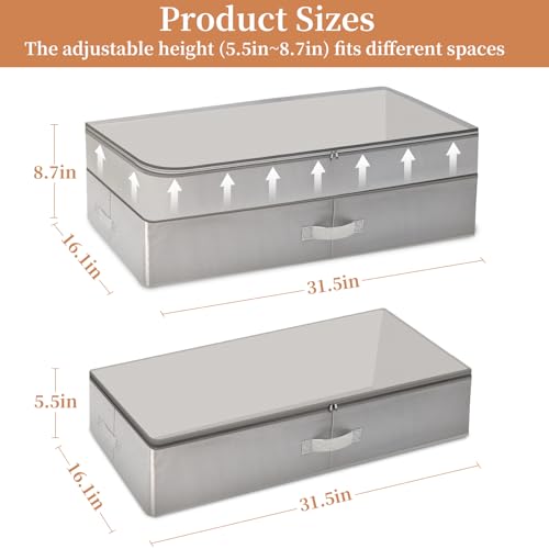 Pack of 2 Under Bed Storage with Adjustable Height | Under the Bed Storage Containers for Clothes, Blankets, & Shoes - 80L Zippered Organizer for Bedroom with Clear Window