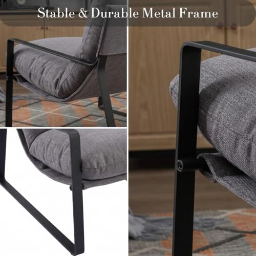 Set of 2 Modern Accent Chair, Linen Living Room Chair, Grey | Comfy Armchairs, Upholstered Lounge Armchair, Removable Seat Cushion, Black Metal Frame, For Reading Room, Bedroom, Balcony - color: Grey, size: 2PCS