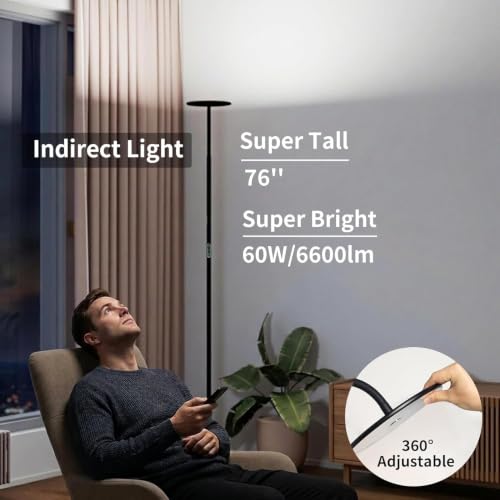 60W Torchiere Lamp, 76'' Dimmable Tall Lamp, Bright Sky Floor Lamp | 2300K-6500K Color Temperature, 360° Gooseneck, Height Adjustable, Auto Timer, Remote, for Living Room, Bedroom, Home Office - color: Remote & Touch Control