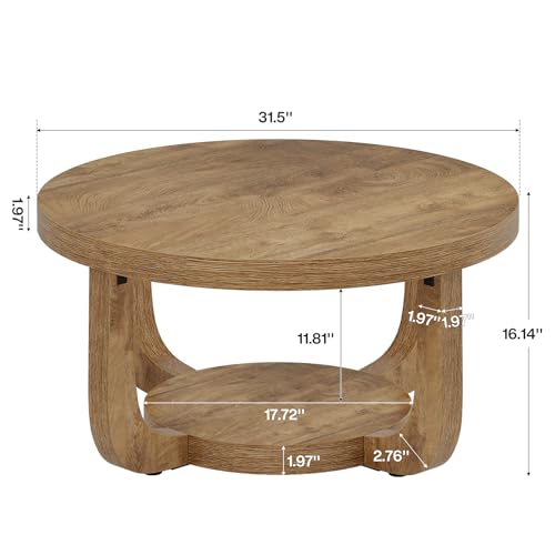 Tribesigns Round Coffee Table, 2-Tier Circle Coffee Table with Storage, Modern Wooden Accent Center Table for Living Room, Thick Tabletop & Base (Rustic Oak) - color: Rustic Oak