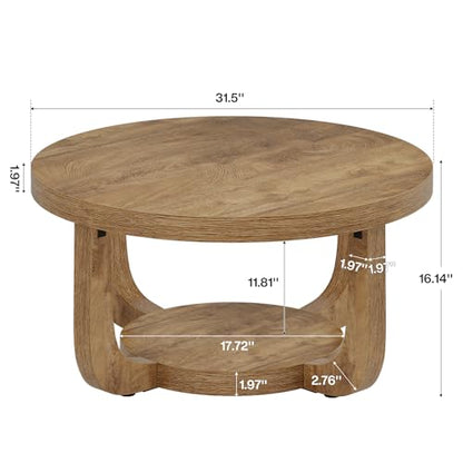 Tribesigns Round Coffee Table, 2-Tier Circle Coffee Table with Storage, Modern Wooden Accent Center Table for Living Room, Thick Tabletop & Base (Rustic Oak) - color: Rustic Oak