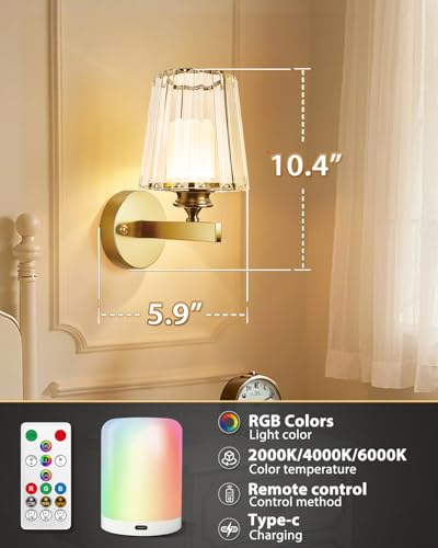Adetu 10.4 Inch Crystal Wall Sconces Set of 2, Battery Operated Wall Sconce | 10000mAh Magnetic Bulbs and Remote, 5%-100% Dimmable, RGB Rechargeable Wall Lights for Bedroom Living Room Hallway Deco - color: Gold, size: 10.4 Inch