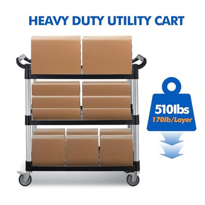 Utility Rolling Carts with Wheels, Large Size Plastic Service Carts, Heavy Duty Restaurant Cart with 4 Lockable Brake Wheels for Kitchen/Office/Warehouse (3 Tier - 34×17×37inches / 510lbs) - size: 3 Tier - 34×17×37inches / 510lbs